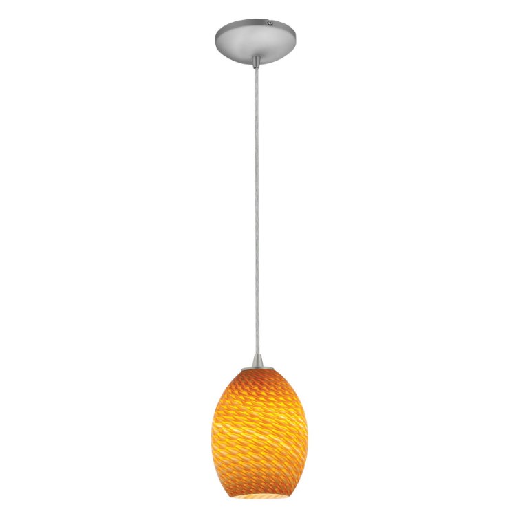 Foto para 11w Brandy FireBird E-26 A-19 LED Dry Location Brushed Steel Amber Firebird Cord Glass Pendant (CAN 1.25"Ø5.25")